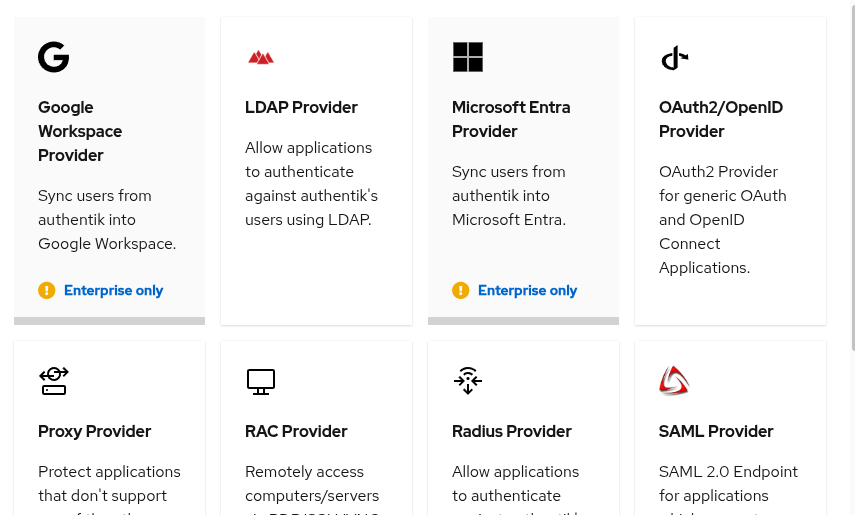 Authentik's Create New Provider dialog listing provider types, with OAuth2/OpenID Provider among them