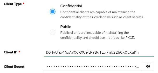 Protocol settings showing Client Type set to Confidential rather than Public, with the generated Client ID and a masked Client Secret below
