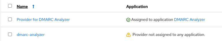 Authentik's provider list with two rows: one marked Assigned to application DMARC Analyzer with a green check, and one warning Provider not assigned to any application