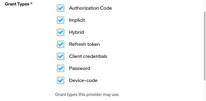 The Grant Types list on a newly created provider, with all seven boxes checked: Authorization Code, Implicit, Hybrid, Refresh token, Client credentials, Password and Device-code