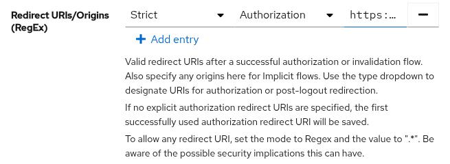 The Redirect URIs/Origins row with mode Strict and type Authorization selected, above Authentik's help text warning that with no explicit authorization redirect URIs the first successfully used one will be saved