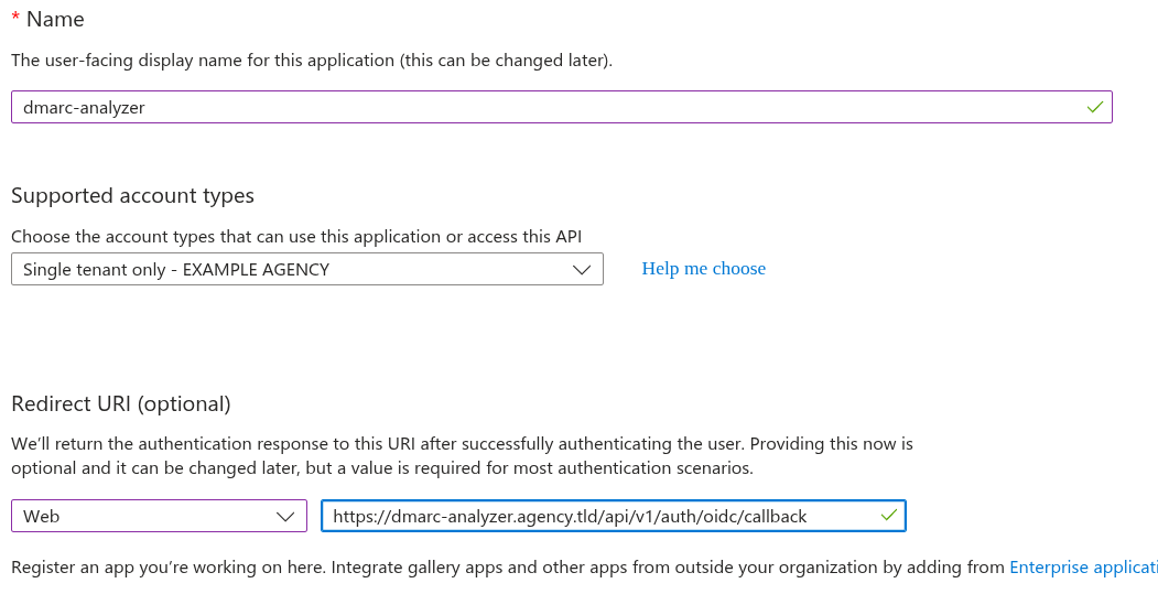 Entra's Register an application form, with the name dmarc-analyzer, single-tenant selected, and a Web platform redirect URI ending in /api/v1/auth/oidc/callback