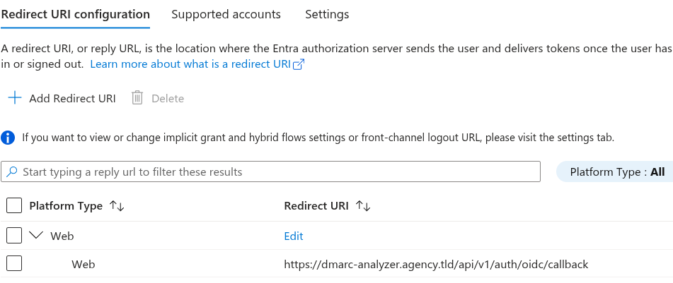 The Authentication blade's Redirect URI configuration tab, listing a single Web platform entry ending in /api/v1/auth/oidc/callback