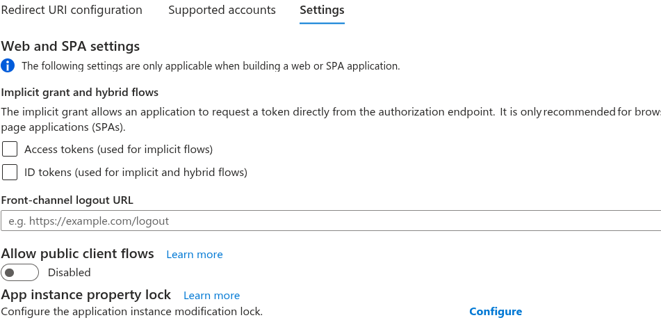 Authentication Settings tab with implicit grant checkboxes cleared and Allow public client flows disabled