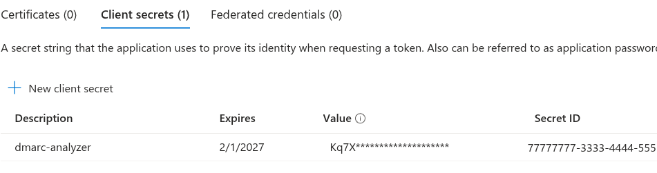The client secrets list showing one secret with its value masked, alongside its expiry date and secret ID