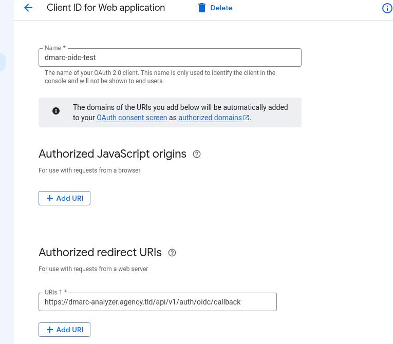 The Web application client form with the Name field filled in and one Authorized redirect URI entered ending in /api/v1/auth/oidc/callback