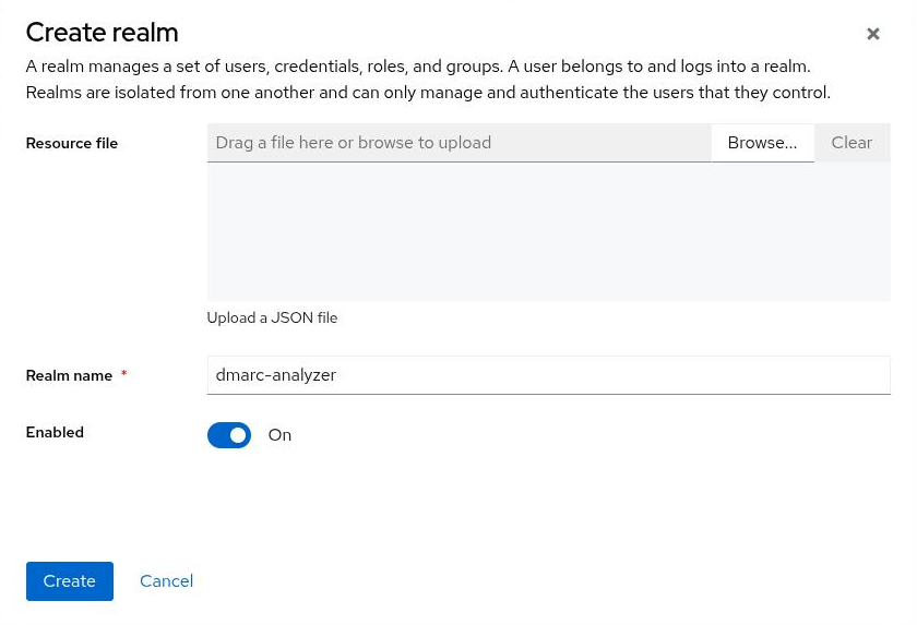 Keycloak's Create realm dialog, with the realm name dmarc-analyzer entered