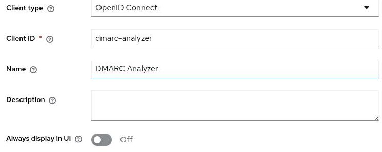 Create client wizard, General settings step, with Client type OpenID Connect, Client ID dmarc-analyzer and Name DMARC Analyzer entered