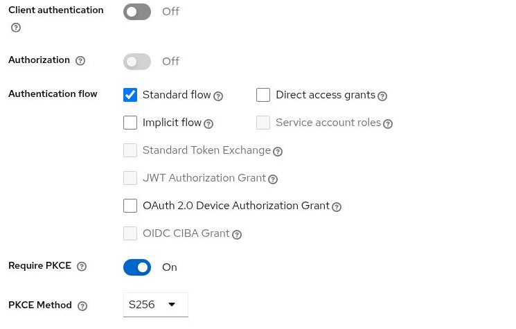 Capability config step with Client authentication off, Standard flow checked, and Require PKCE turned on with PKCE Method set to S256