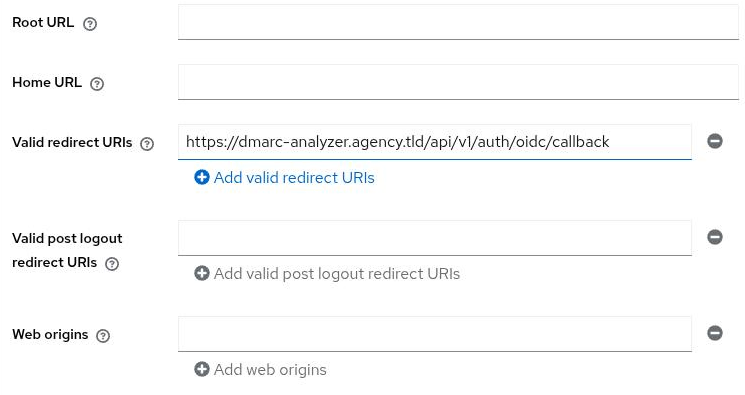 Login settings step with the Valid redirect URIs field containing the callback URL, and Root URL, Home URL, post logout URIs and Web origins all left empty