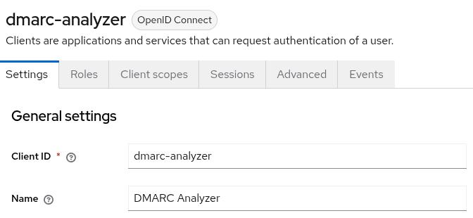 Client details Settings page, showing tabs Settings, Roles, Client scopes, Sessions, Advanced and Events — no Credentials tab, since this is a public client