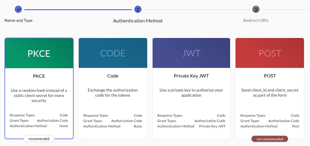 Step two of the wizard offering PKCE, Code, Private Key JWT and POST, with PKCE selected and marked recommended