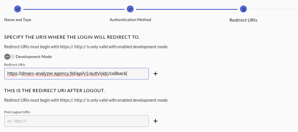 Step three of the wizard, with a Development Mode toggle and a redirect URI ending in /api/v1/auth/oidc/callback