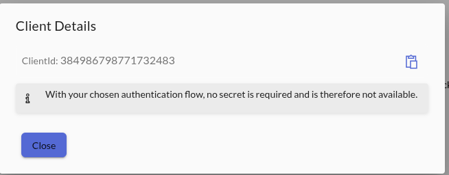 Zitadel's Client Details dialog showing a client ID and the message that no secret is required and is therefore not available