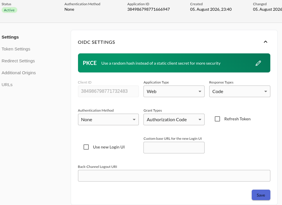 The application's OIDC settings showing a PKCE banner, the client ID, application type Web, response type Code, grant type Authorization Code and authentication method None